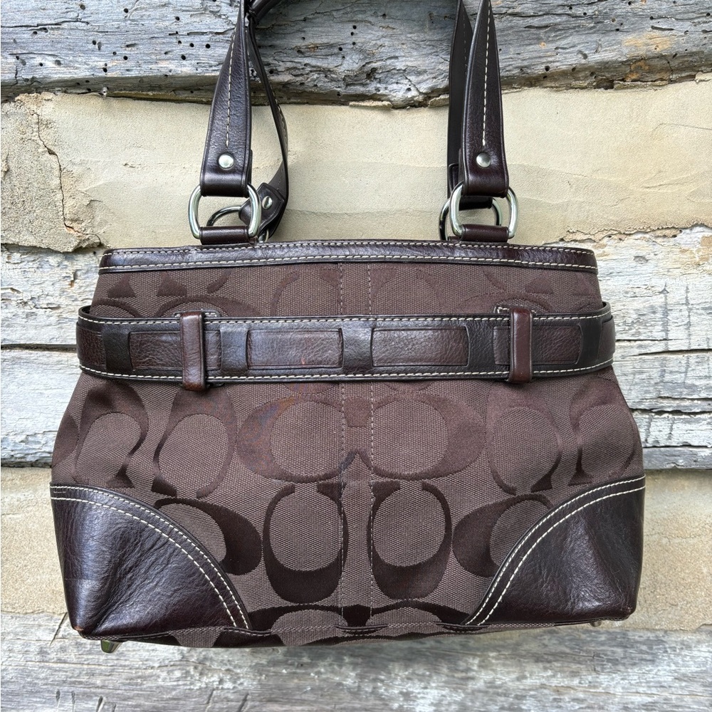 Coach Brown Signature Canvas Satchel with Snakeskin Stripe - Picture 2 of 13